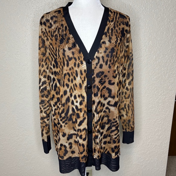 Chico's Size 3 Brown Black Leopard Animal Print Sheer Cardigan Women's Size XL - Picture 1 of 14